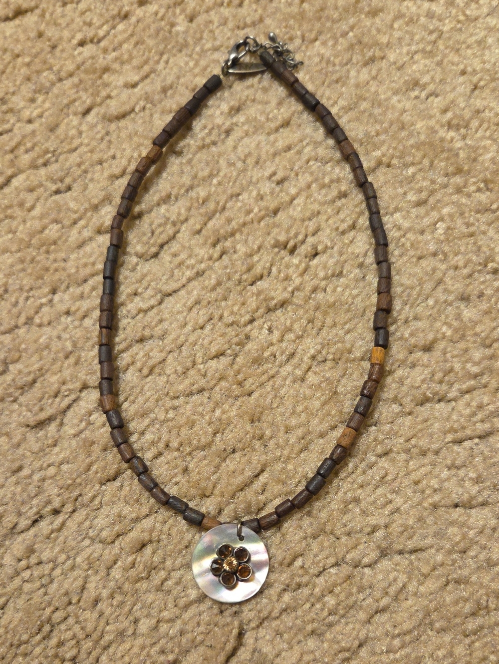 New York & Company Brown Wood Bead Necklace with Mother-of-Pearl Flower Pendant